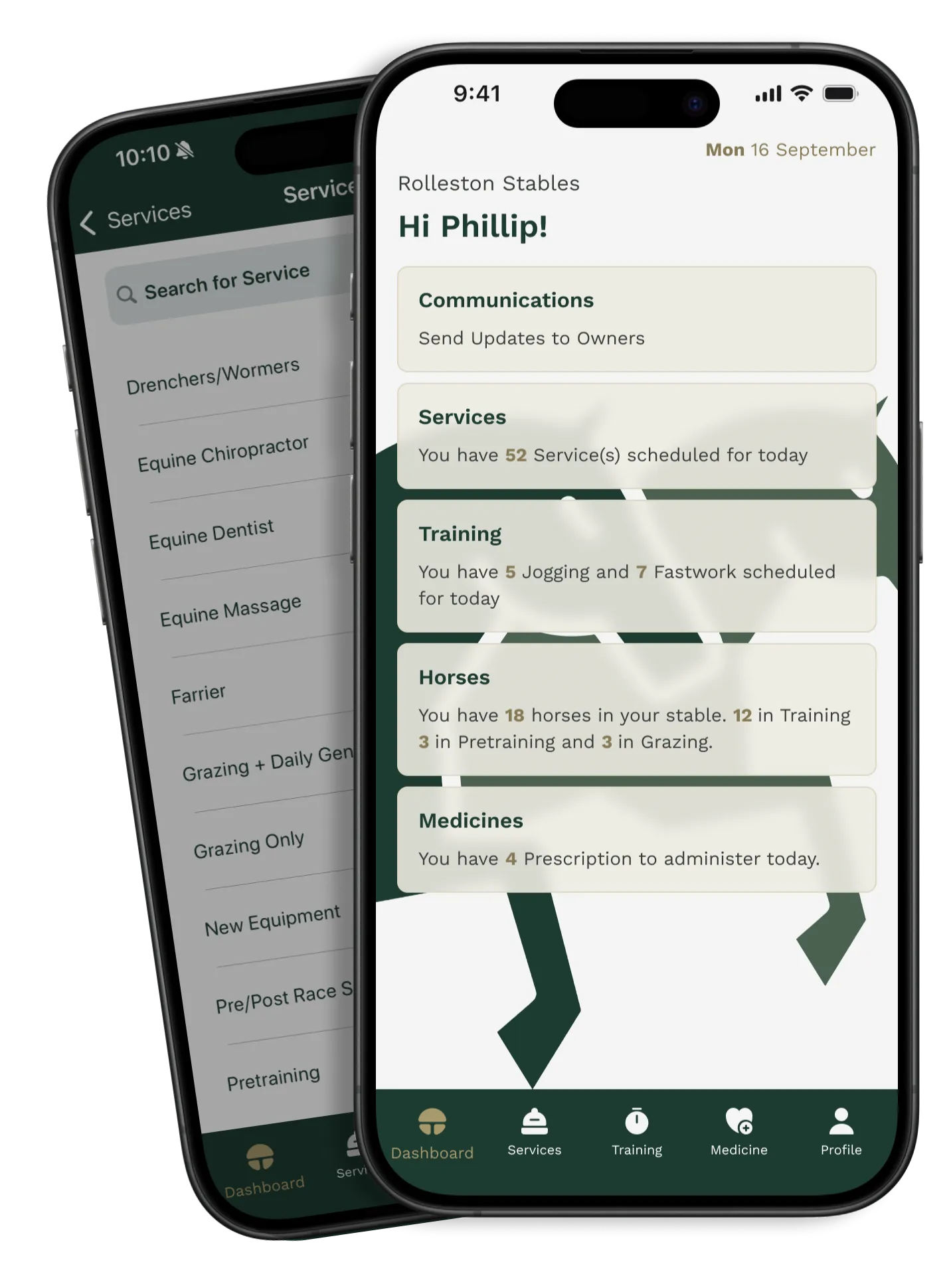 EQUDA mobile app showing the services list and stable dashboard screens
